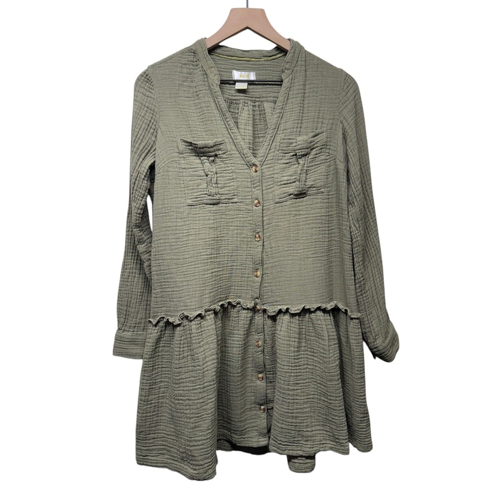Maeve Anthropologie Dress 4 Green Gauze‎ Button Up Tiered Boho Coastal Cottage